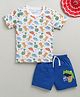 BUMZEE Cotton Knit Half Sleeves Dinosaur Printed T-Shirt & Short Set - White & Royal Blue