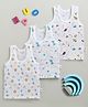 BUMZEE Cotton Knit Sleeveless Vests With Space Theme & Animal Print Pack Of 3 - White