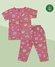A Toddler Thing 100% Organic Muslin Cotton Woven Half Sleeves Cats & Floral Printed Coordinating Shirt & Pajama Set - Pink