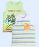 Kiddopanti Cotton Pack of 2 Sleeveless Vacay Mood Text & Beach Theme Printed Tees - Light Green Blue & Yellow