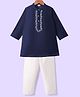 Babyhug Woven Full Sleeves Kurta & Pajama Set With Floral Embroidery Detailing - Navy Blue