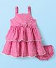 Babyhug Cotton Knit Sleeveless Striped Layered Frock with Bloomer & Bow Applique - Pink