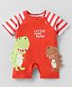 Mini Taurus Knit Half Raglan Sleeves Romper With Dino Print & Applique - Red