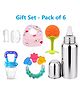 Enorme Combo of 6 Pcs Orange Slicone Teether, Nibbler, Steel Bottle, Bellring, Bib, Finger brush