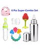 Enorme Combo of 6 Pcs Strawberry Slicone Teether, Bellring, Steel Bottle, Spoon Feeder, Bib, Finger Brush