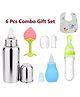 Enorme Super 6 pcs Combo of Peach Silicone Teether, Nose Cleaner, Steel Bottle, Spoon Feeder, Bib, Finger Brush