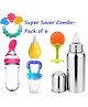 Enorme Super 6 pcs Combo of Orange Silicone Teether, Nibbler, Steel Bottle, Spoon Feeder, Bellring, Nose Cleaner