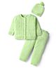 Babyhug Knitted Full Sleeves Solid Front Open Sweater Set With Cap - Lime Green