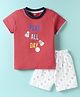 Pink Rabbit Single Jersey Knit Half Sleeves T-Shirt & Shorts Set With Play All Day Text Print - Red