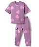 Bonfino Cotton Knit Half Sleeves Oversized Drop Shoulder T-Shirt & Jogger Co-ord Set With Heart Print - Purple