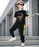 OLLINGTON ST. Cotton Knit Half Sleeves T-Shirt with Print & Knit Joggers Set - Black