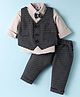 Mini Taurus Sinker Knit Full Sleeves 3 Piece Party Suit with Attached Bow with Stripes - Grey & Tan