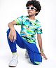 OLLINGTON ST. Cotton Knit Half Sleeves Beach Theme Print T-Shirt & Knit Joggers - White & Blue