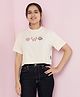 Lil Tomatoes Cotton Half Sleeves Floral & Butterfly Embroidered Crop Top - Cream