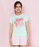 Lil Tomatoes Cotton Knit Half Sleeves Floral Printed Glitter Detailed Top & Shorts Set - Light Green