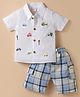 WOW Clothes Poplin Woven Half Sleeves Shirt & Checks Shorts Set With Vehicle Embroidery - White & Blue