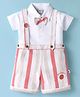 WOW Clothes Interlock Knit Half Sleeves Striped T-Shirt & Shorts Set with Bow Applique & Suspender - White & Red