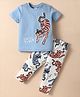 WOW Clothes Sinker Woven Half Sleeves Night Suit With Tiger Print - Blue & White
