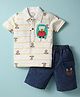 WOW Clothes Sinker Knit Half Sleeves Polo T-Shirt & Shorts Set with Bear Print & Stripes - Navy Blue & White
