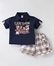 WOW Clothes Sinker Knit Half Sleeves Animal Printed T-Shirt & Checkered Shorts Set - Navy Blue & Off White