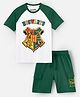 Nap Chief Pure Cotton Harry Potter Featuring Half Raglan Sleeves Hogwarts Emblem Printed Tee & Coordinating Cargo Shorts Set - White