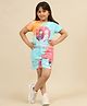Kidsville Cotton Disney Frozen Featuring Half Sleeves Elsa & Anna Printed Tee & Shorts Set  - Blue Pink & Orange
