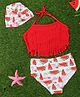 Yellow Bee Sleeveless Watermelon Solid & Water Melon Printed Bikini Swimsuit With Cap - Red