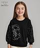 Arias Looper Knit Full Drop Shoulder Sleeves Cotton Brushed Sweatshirt With Foil Print & Sequin Detailing - Black