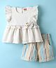 Twetoons Cotton Knit Frill Sleeves Top & Shorts Set with Stripes & Bow Applique - Light Blue & White