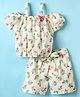 Twetoons Cotton Woven Off Shoulder Top & Shorts Co-Ord Set with Abstract Print with Floral Applique - White & Pink