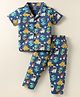 Smarty Boys Sinker Knit Half Sleeves Front Open Co-ords Night Suit With Dino Print - Navy Blue