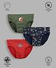 TRESNOVA Cotton Pack Of 3 Anti Microbial Finish & Smart Waistband Technology Lion & Motorbike Printed Briefs - Navy Blue Red & Olive Green