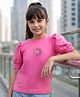 Pine Kids Cotton Knit Half Sleeves Top with Heart Design - Fuchsia