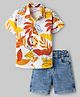 OLLINGTON ST. Cotton Knit Tropical Theme Printed Half Sleeves Shirt & Stretchable Denim Shorts Set -Multicolor & Light Blue