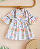 Bella Moda Cotton Three Fourth Bell Sleeves Floral Printed Bow Applique Dress - White