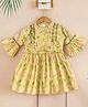 Bella Moda Cotton Three Fourth Bell Sleeves Floral Printed Bow Applique Dress - Yellow