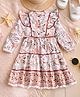 Bella Moda Cotton Full Puffed Sleeves Floral Printed Lace Embellished Dress - Red