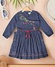 Bella Moda Cotton Full Puffed Sleeves Floral Embroidered Dress - Blue