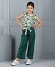 Aww Hunnie 100% Cotton Sleeveless Birds & Leaves Printed Top & Banana Crepe Solid Trousers With Belt - Green