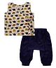Snowflakes Cotton Sleeveless Elephant Printed Jhabla With Solid Harem Pant Set - White & Navy Blue