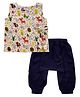 Snowflakes Cotton Sleeveless Animals Printed Jhabla With Solid Harem Pant Set - White & Navy Blue