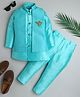 Ahhaaaa Velvet Full Sleeves Solid Kurta With Pant & Embroidered Jacket Set - Turquoise Blue