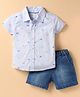 Simply Premium Poplin Woven Half Sleeves Shirt & Denim Shorts Set With Dino Print - Light Blue