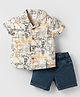 Simply Premium Linen Woven Half Sleeves Shirt & Denim Shorts Set With Text Print - Grey
