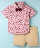 Simply Premium Poplin Woven Half Sleeves Shirt & Shorts Set with Bow & Floral Print - Beige & Maroon