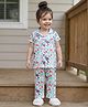 Babyhug Cotton Knit Front Open Half Sleeves Co-ords Night Suit With Unicorn & Floral Print - White
