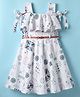 Enfance Core Cotton Sleeveless Frill Detailed Abstract Printed Dress With Belt - White