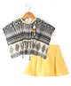 Enfance Core Half Batwing Sleeves Abstract Printed Floral Applique Kaftan Style Top With Pleated Skirt - Yellow