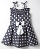 Enfance Core Cold Shoulder Polka Dots & Floral Printed Bow Applique Dress - Navy Blue