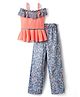Enfance Core Cotton Sleeveless Floral Printed & Applique Peplum Top With Coordinating Palazzo Set - Peach